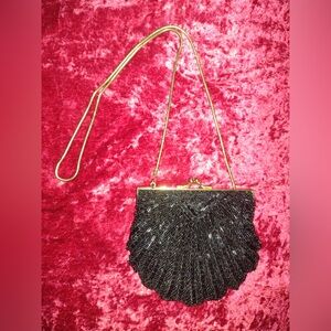 Vintage Black and Gold Beaded Clamshell Clutch with Chain Strap